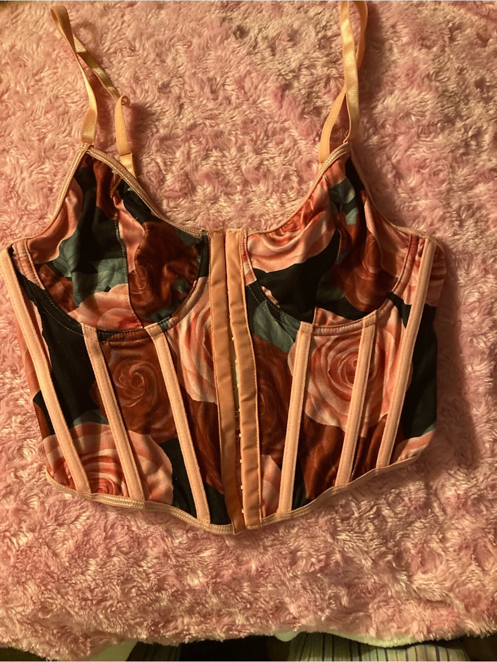 Floral Boned Bustier Crop Top in Peach and Black